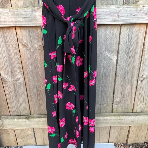 Zara Floral Jumpsuit Tie Waist Short Sleeve Slit Cropped Wide Leg Black Large - Picture 5 of 10
